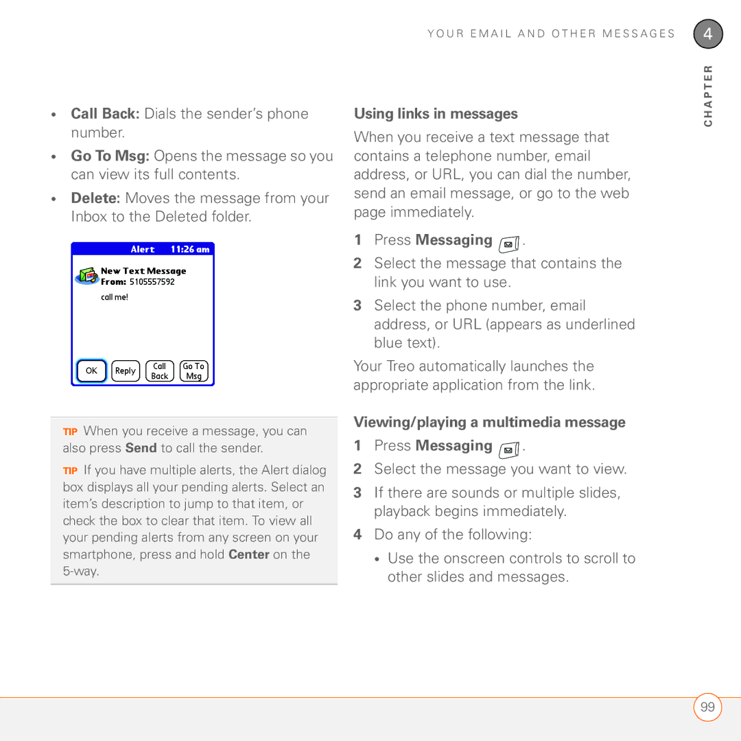 Palm 680 manual Using links in messages, Viewing/playing a multimedia message Press Messaging 