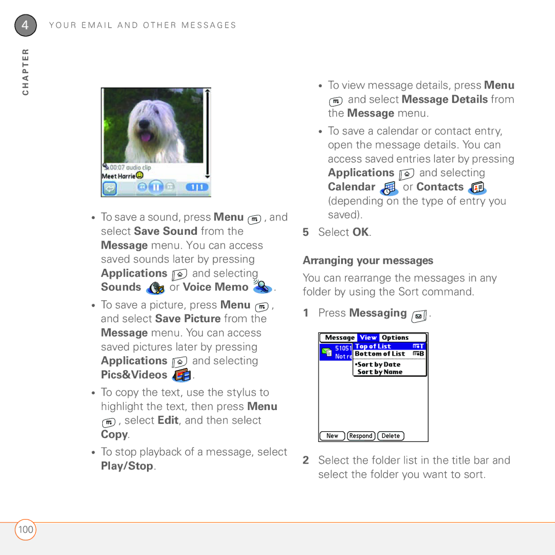 Palm 680 manual Sounds or Voice Memo, Pics&Videos, Select Message Details from the Message menu, Arranging your messages 