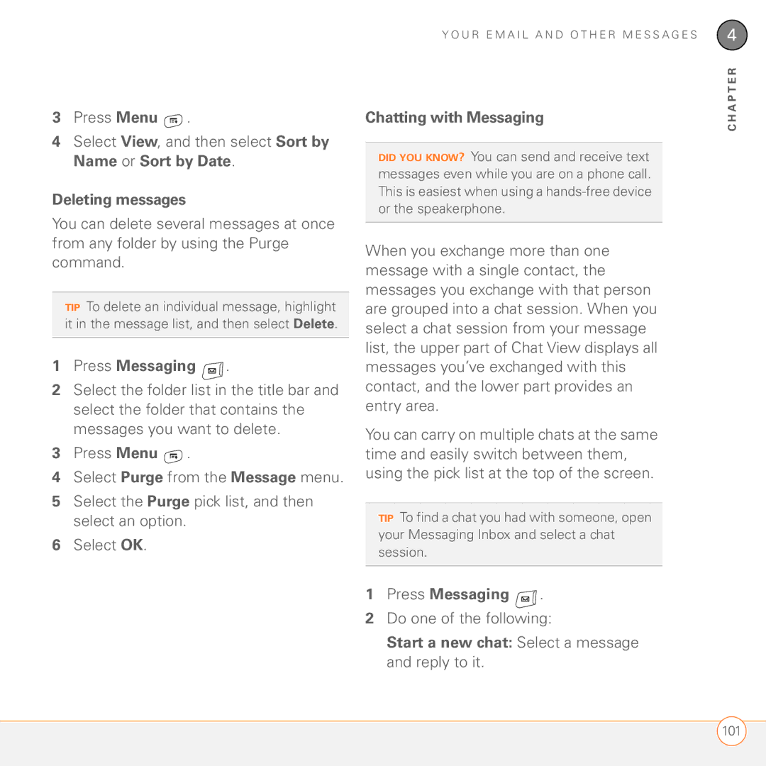 Palm 680 manual Deleting messages, Chatting with Messaging, Start a new chat Select a message and reply to it 