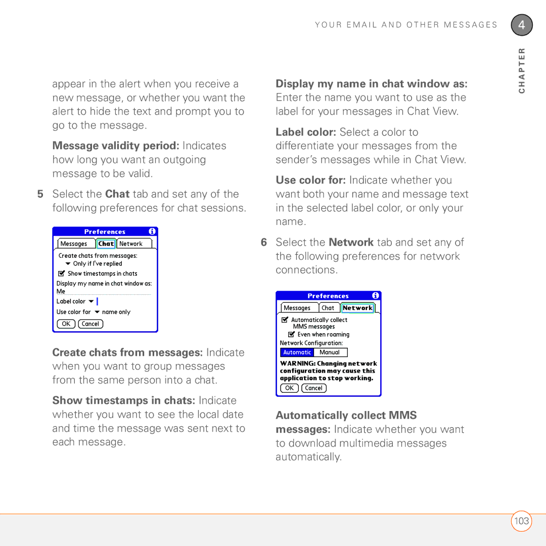Palm 680 manual Show timestamps in chats Indicate, Display my name in chat window as, Automatically collect MMS 