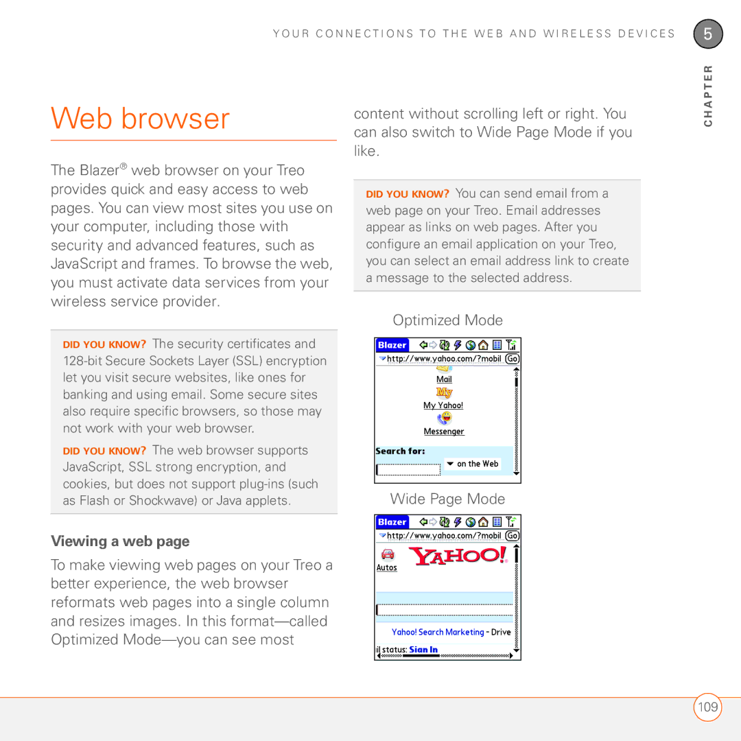 Palm 680 Web browser, Content without scrolling left or right. You, Like, Viewing a web, Optimized Mode Wide Page Mode 