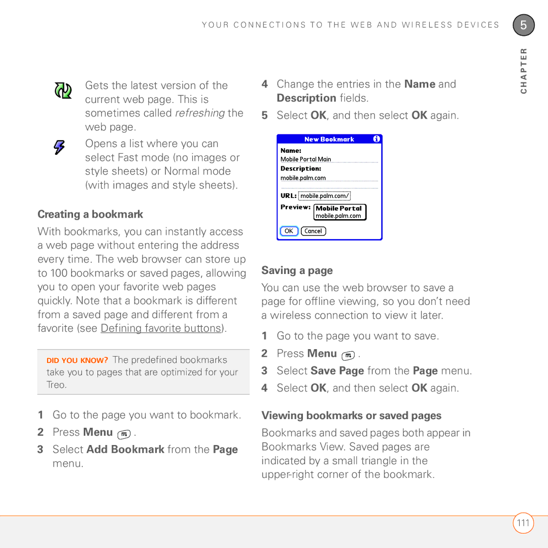 Palm 680 manual Creating a bookmark, Saving a, Viewing bookmarks or saved pages 