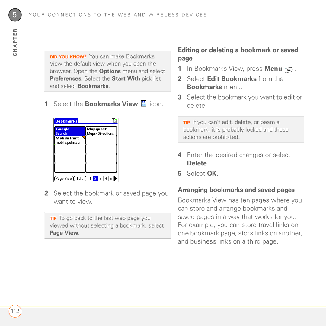 Palm 680 manual Editing or deleting a bookmark or saved, Select Edit Bookmarks from the Bookmarks menu 