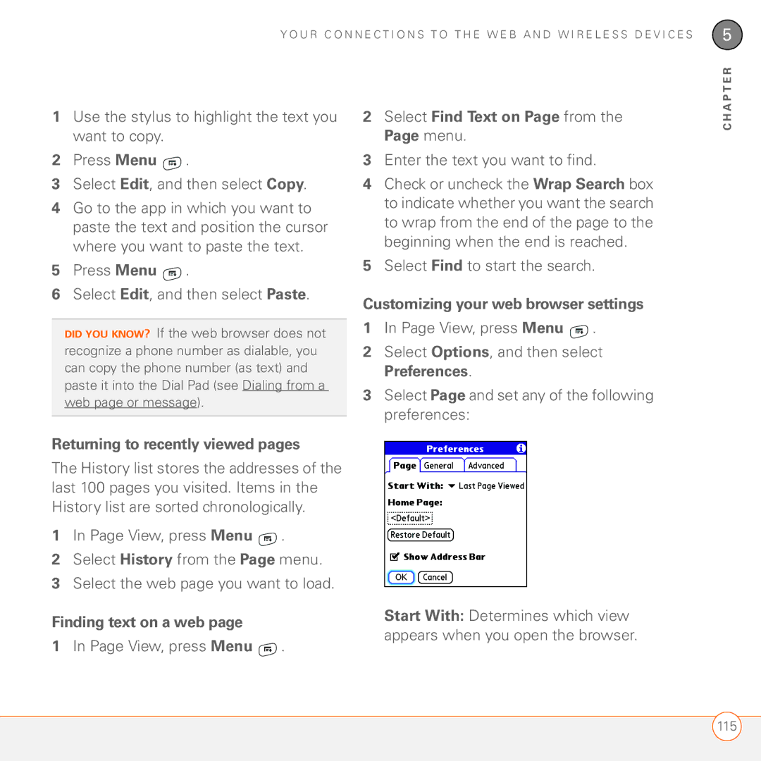 Palm 680 manual Returning to recently viewed pages, Finding text on a web, Select Find Text on Page from the Page menu 