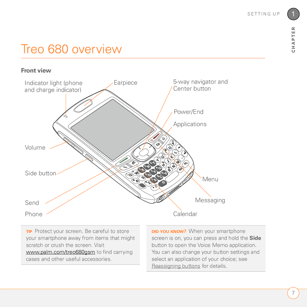 Palm manual Treo 680 overview, Front view, Indicator light phone Earpiece 