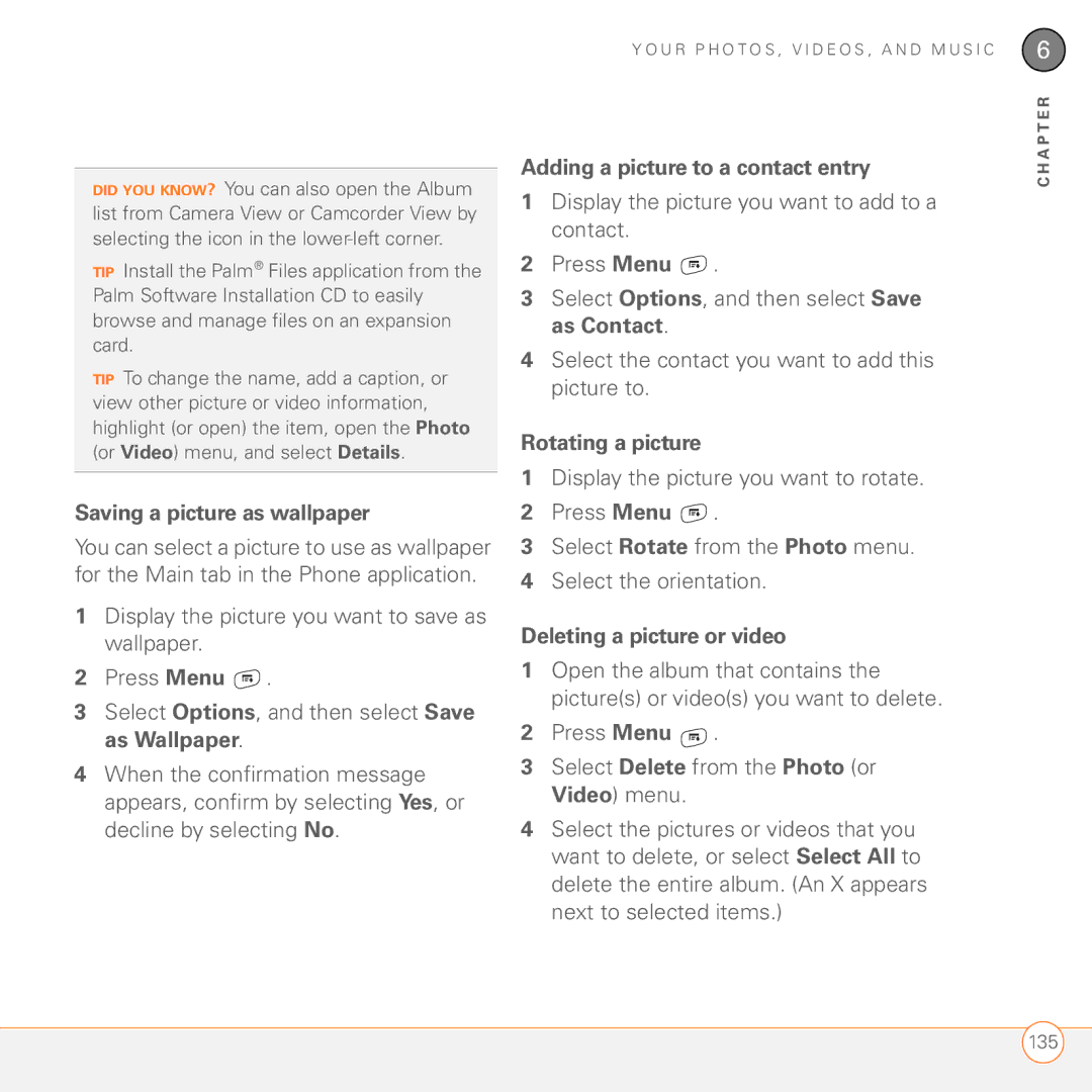Palm 680 manual Saving a picture as wallpaper, Adding a picture to a contact entry, Rotating a picture 