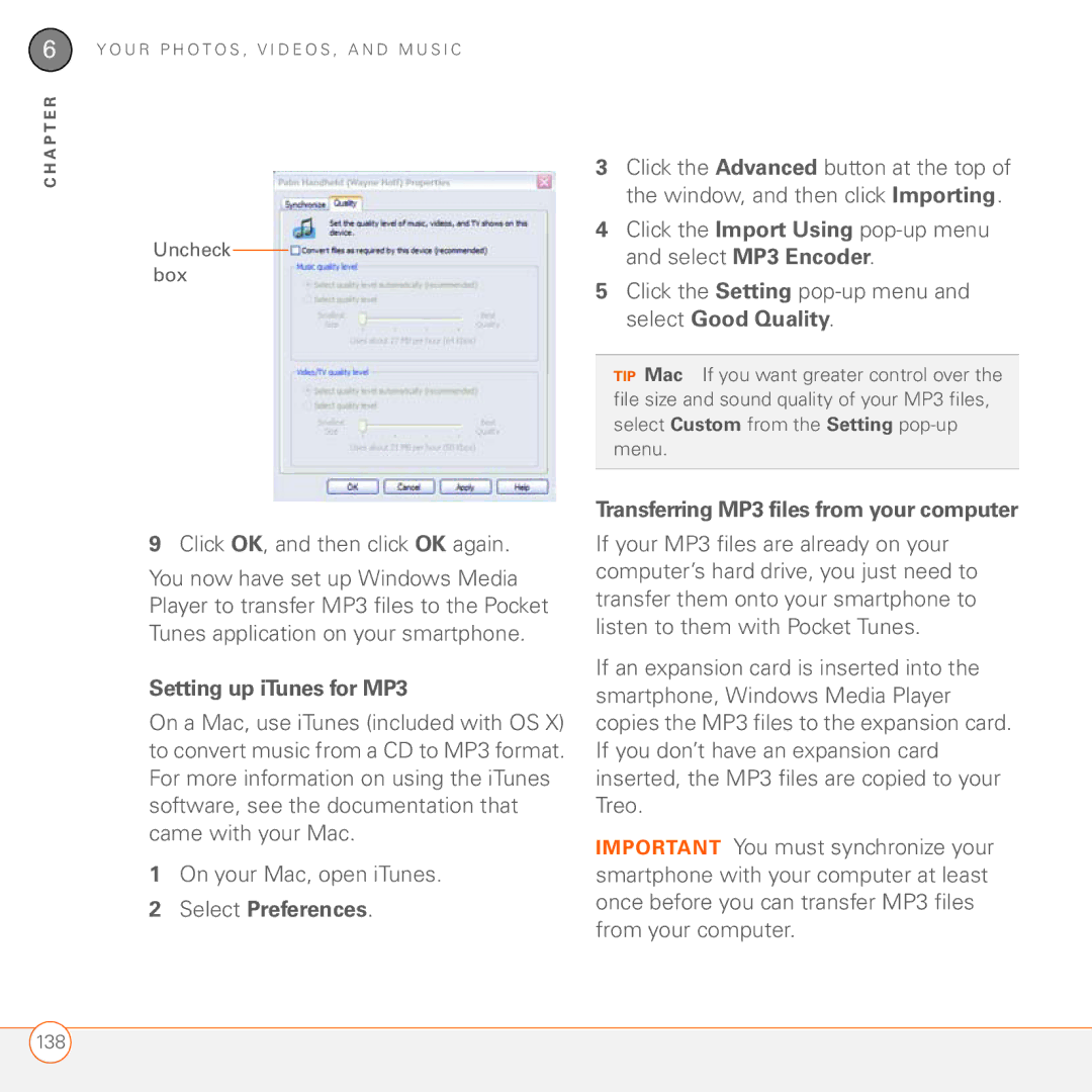 Palm 680 manual Click the Import Using pop-up menu, Select MP3 Encoder, Click the Setting pop-up menu, Select Good Quality 