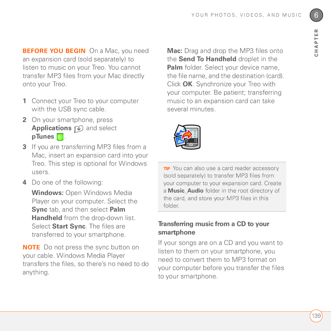 Palm 680 manual Applications and select pTunes, Transferring music from a CD to your smartphone 