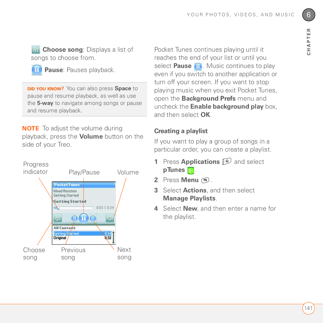 Palm 680 manual Progress Indicator Play/Pause Volume, Creating a playlist, Choose Previous Next Song 