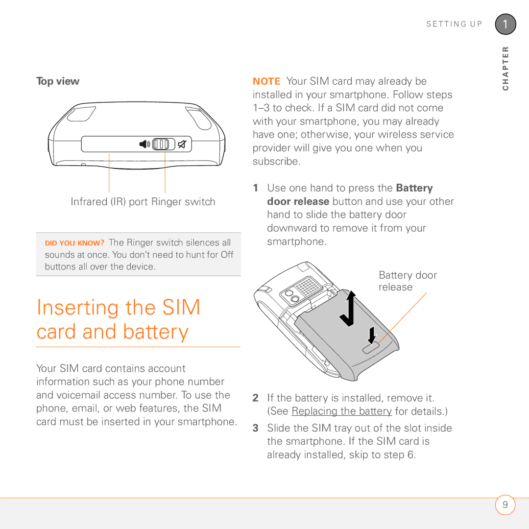 Palm 680 manual Inserting the SIM card and battery, Top view 