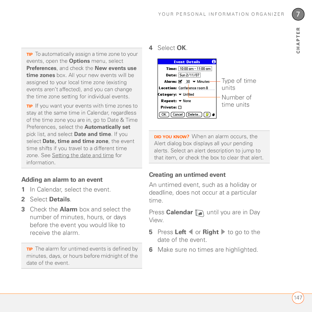 Palm 680 manual Select OK Type of time units Number of time units, Adding an alarm to an event, Creating an untimed event 