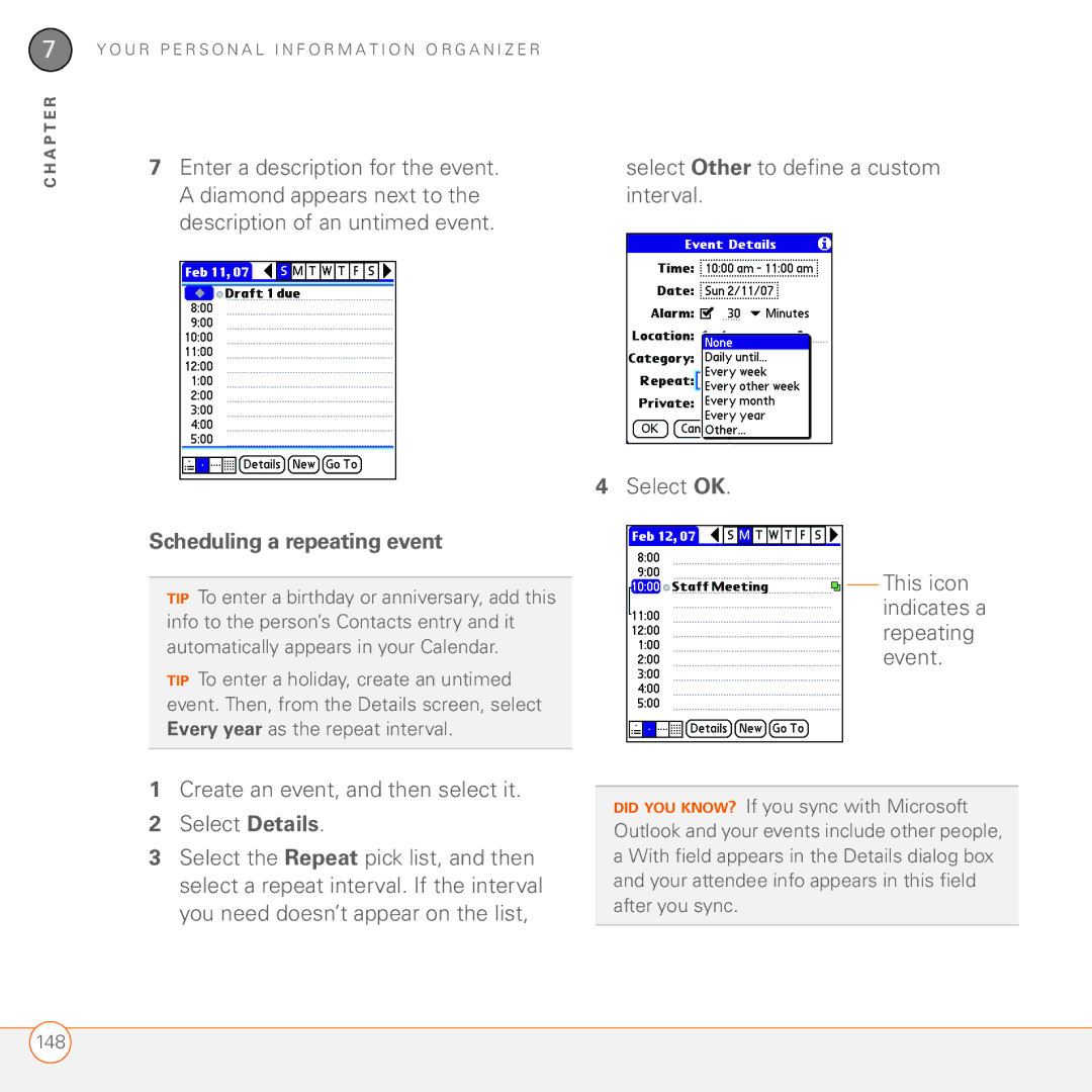 Palm 680 manual Scheduling a repeating event 