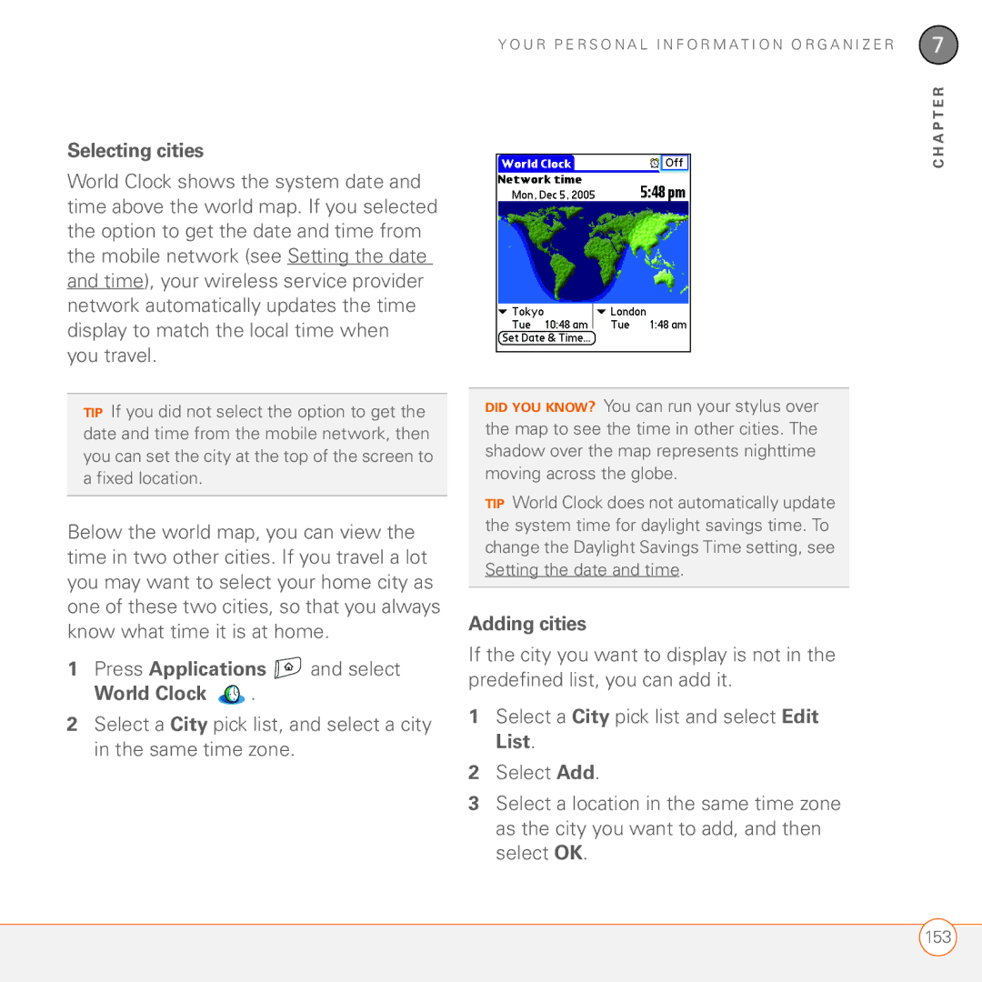 Palm 680 manual Selecting cities, World Clock, Adding cities 