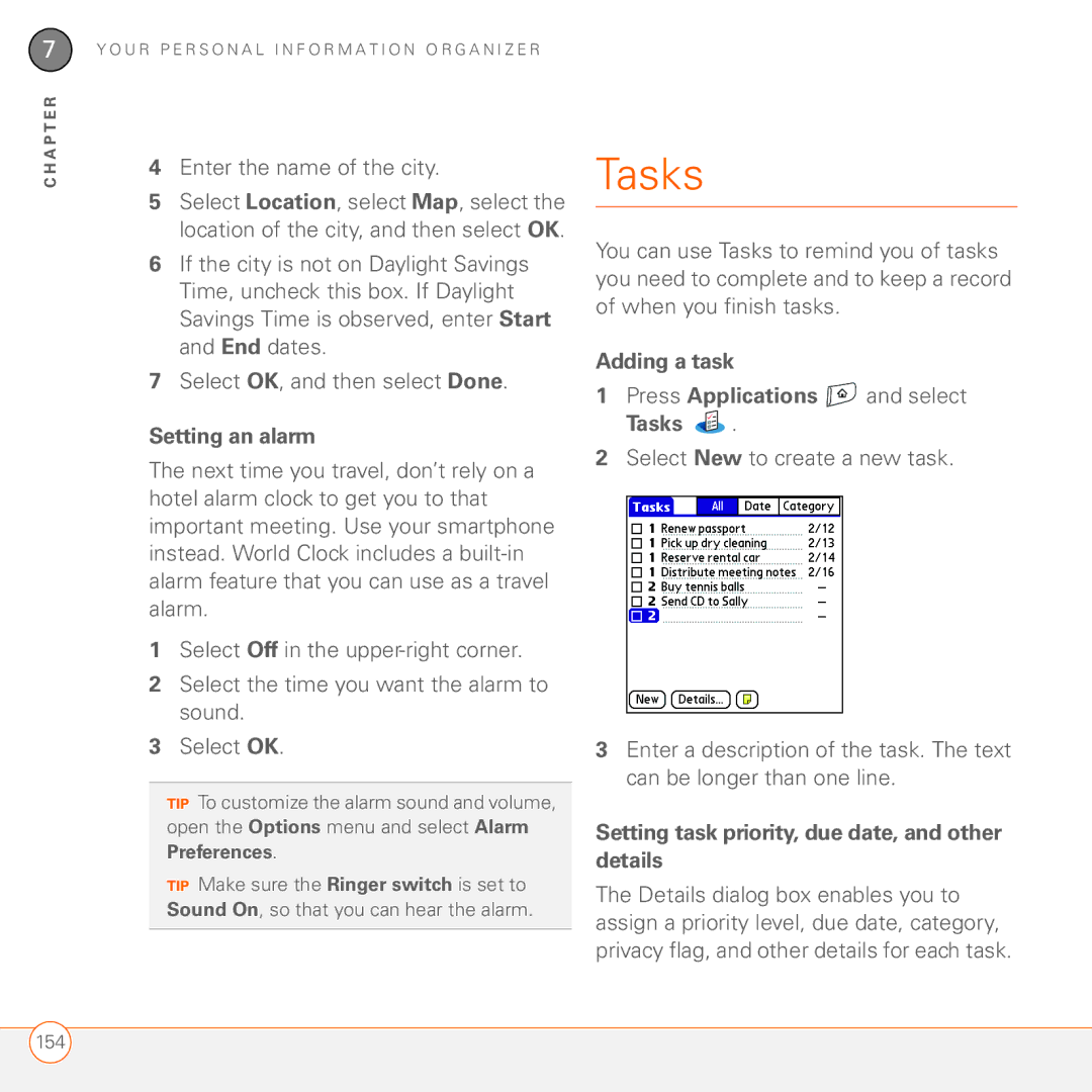 Palm 680 manual Tasks, Setting an alarm, Adding a task, Setting task priority, due date, and other details 