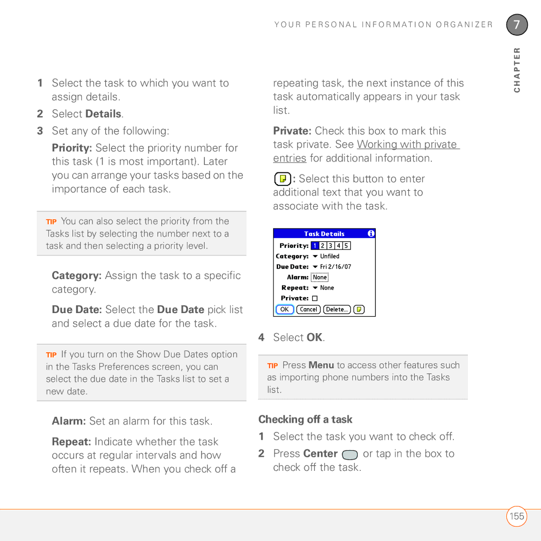 Palm 680 manual Category Assign the task to a specific category, Alarm Set an alarm for this task, Checking off a task 