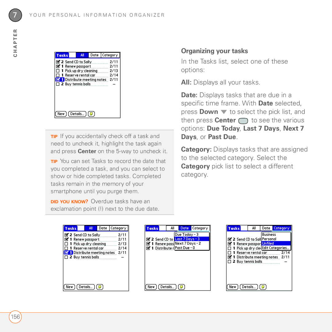 Palm 680 manual Organizing your tasks, Options Due Today, Last 7 Days, Next 7 Days, or Past Due 