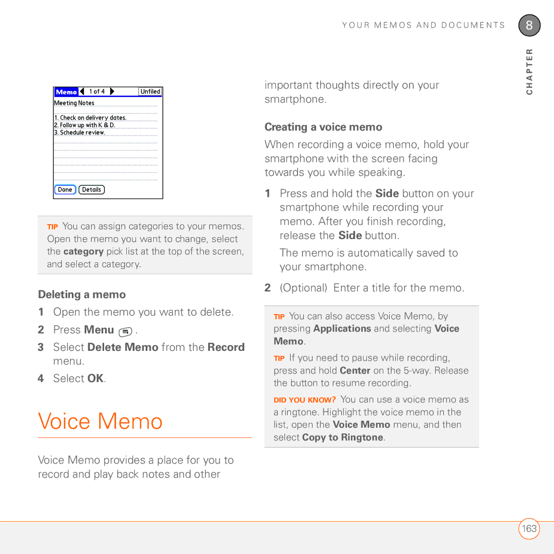 Palm 680 manual Voice Memo, Deleting a memo, Important thoughts directly on your smartphone, Creating a voice memo 