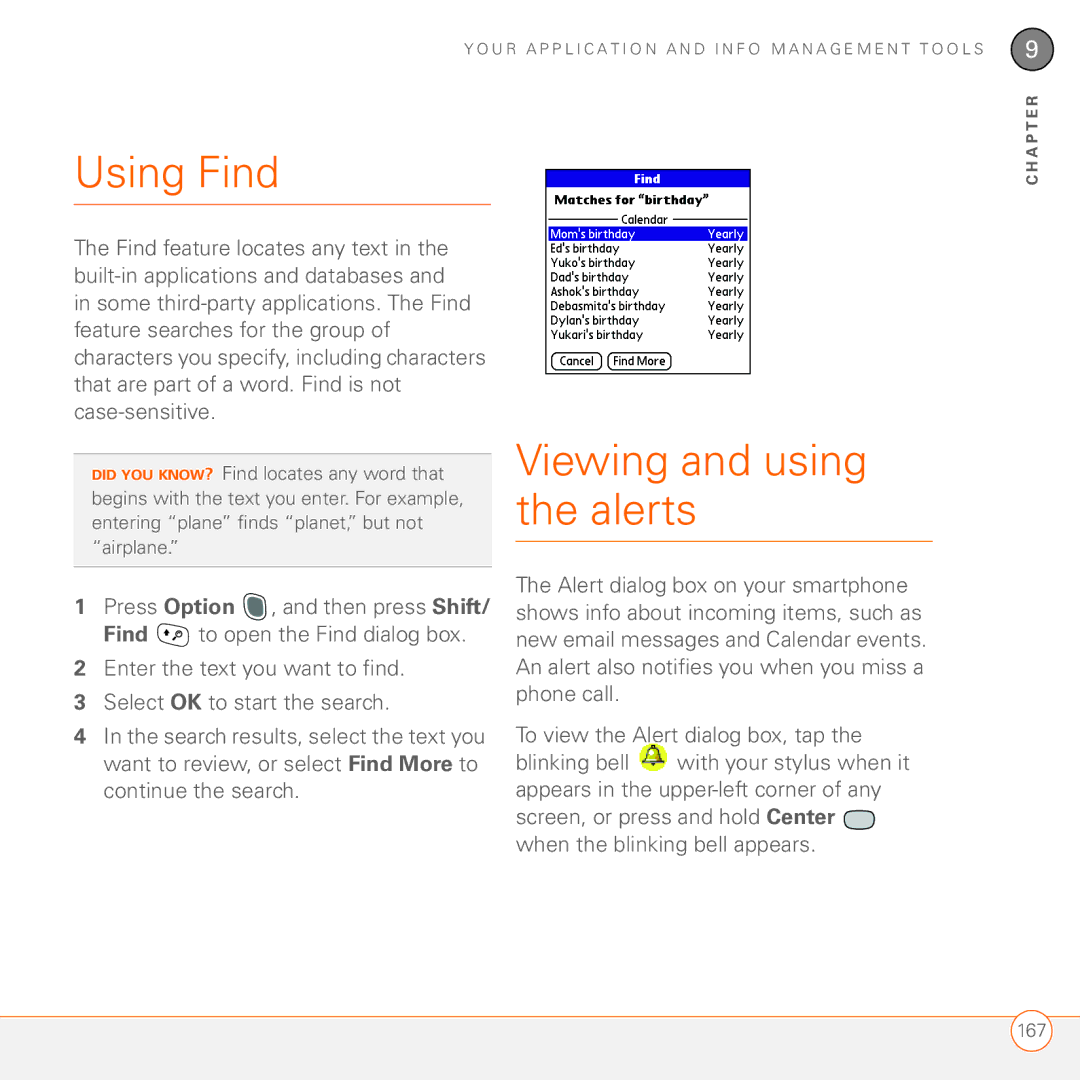 Palm 680 manual Using Find, Viewing and using the alerts 