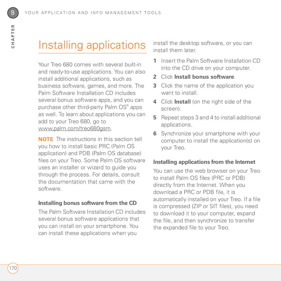 Palm 680 manual Installing applications, Installing bonus software from the CD, Click Install bonus software 
