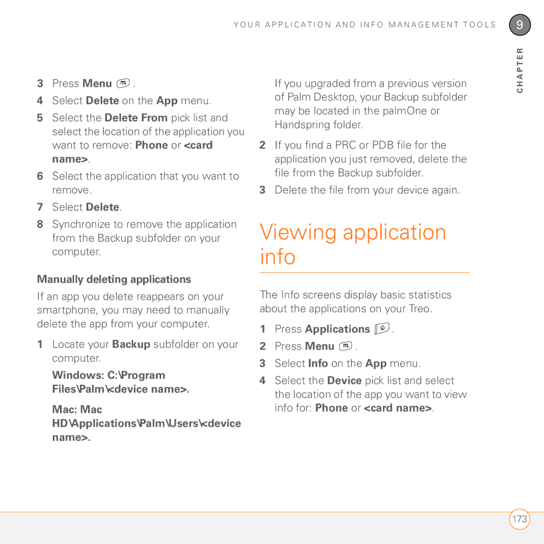Palm 680 manual Viewing application info, Manually deleting applications, Press Menu Select Info on the App menu 