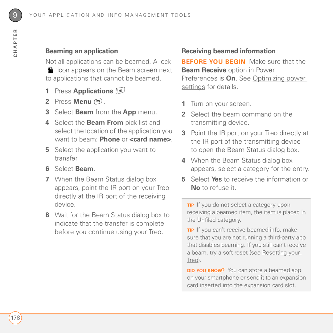 Palm 680 manual Beaming an application, To applications that cannot be beamed, Press Menu Select Beam from the App menu 
