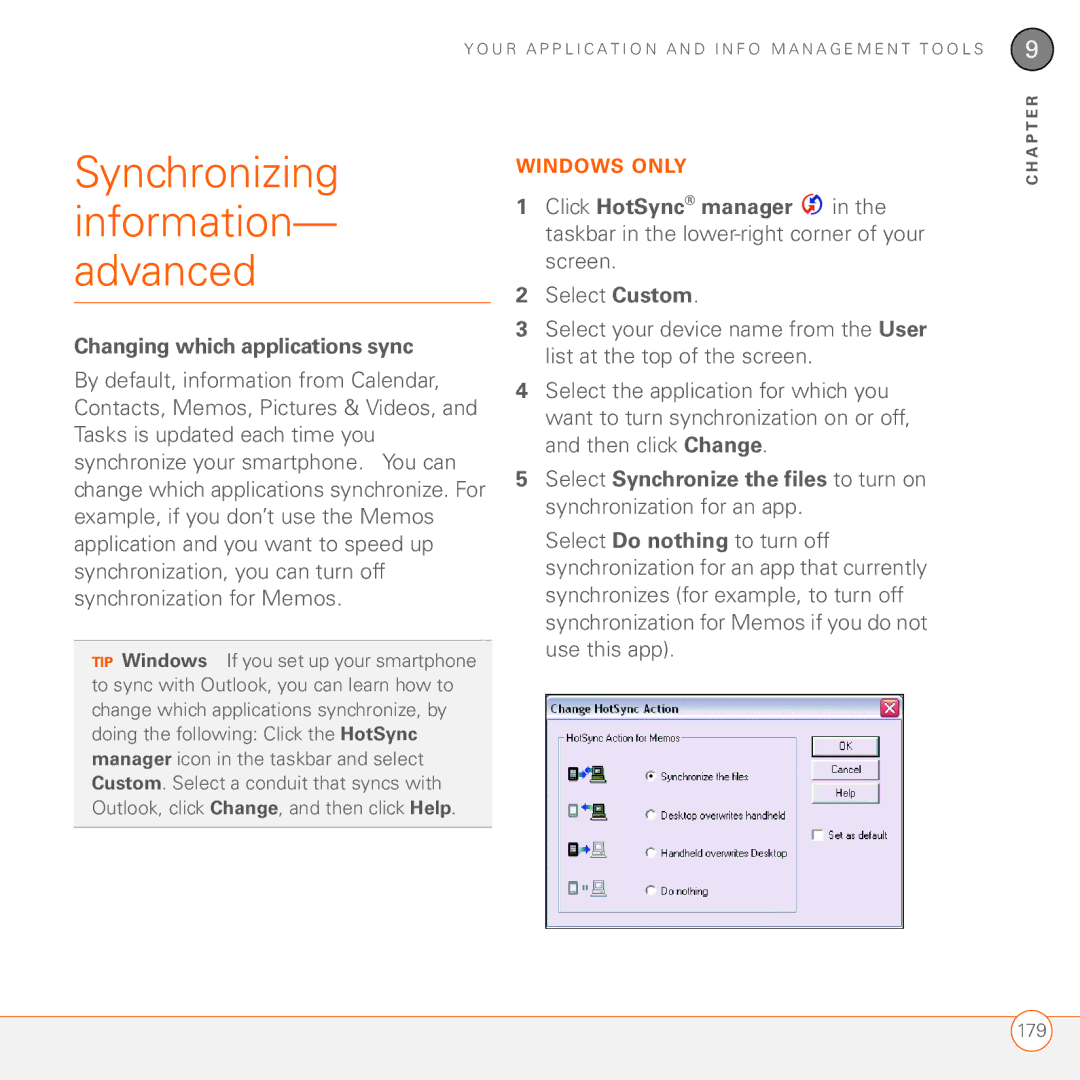 Palm 680 manual Synchronizing information- advanced, Changing which applications sync 