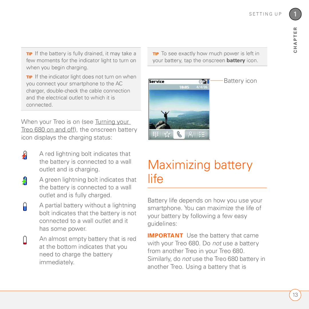 Palm 680 manual Maximizing battery life, Battery icon 