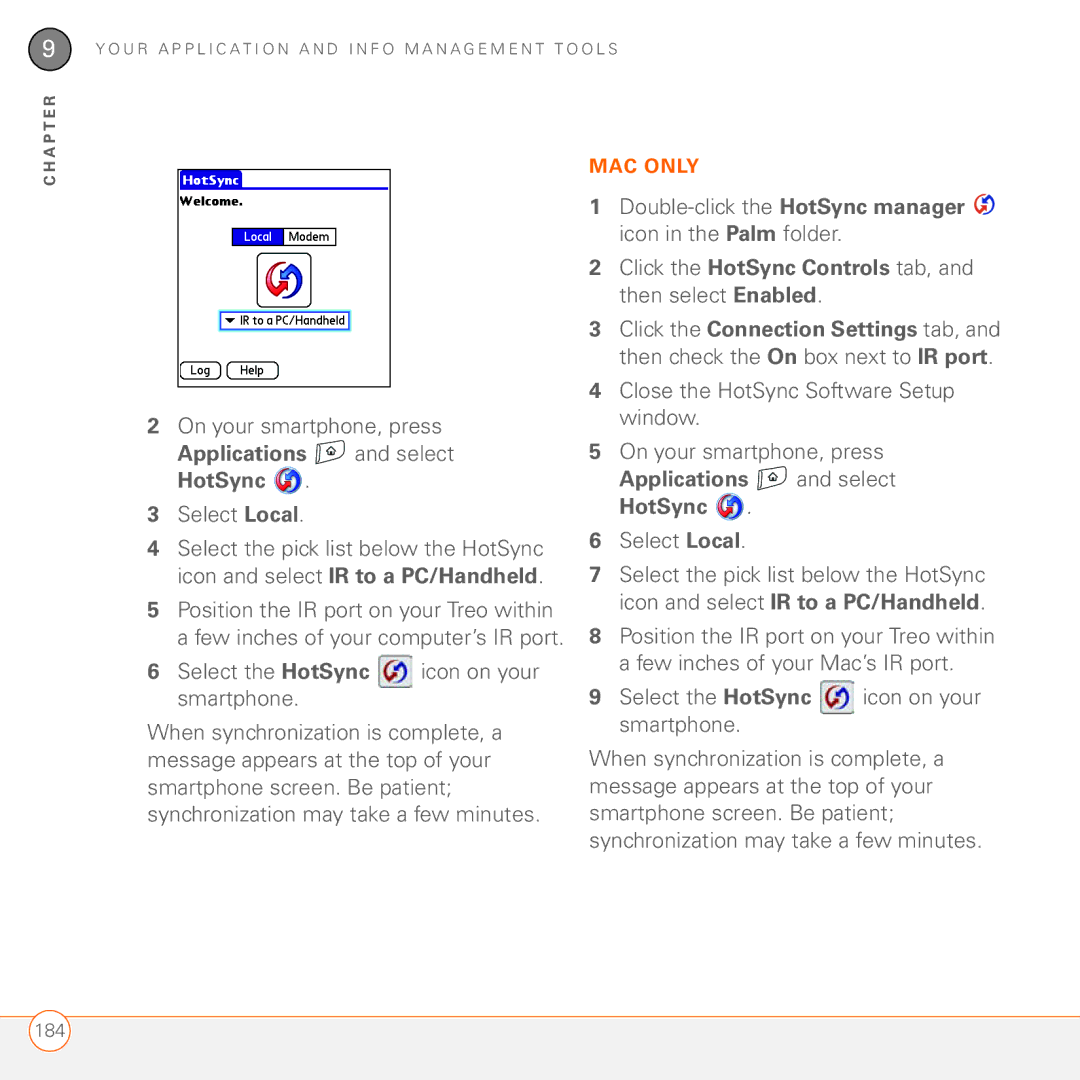 Palm 680 manual Applications and select HotSync, Select Local, Double-click the HotSync manager icon in the Palm folder 