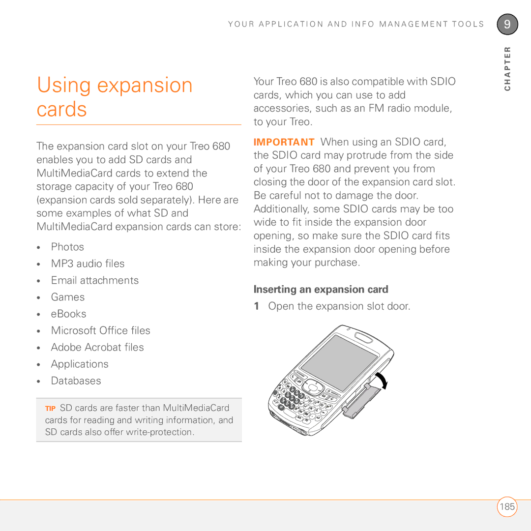 Palm 680 manual Using expansion cards, Inserting an expansion card, Open the expansion slot door 