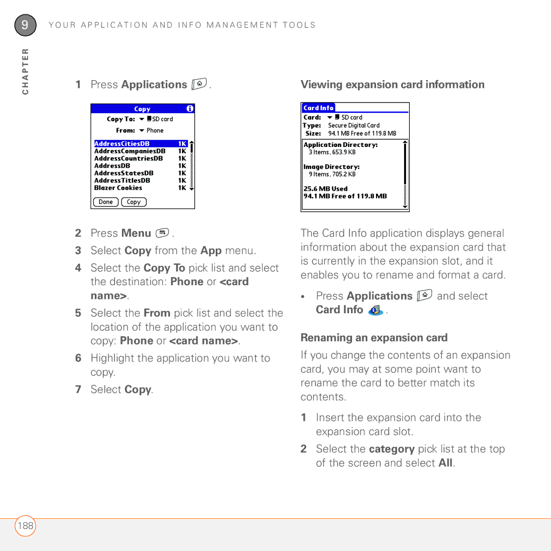 Palm 680 manual Press Applications, Highlight the application you want to copy Select Copy 