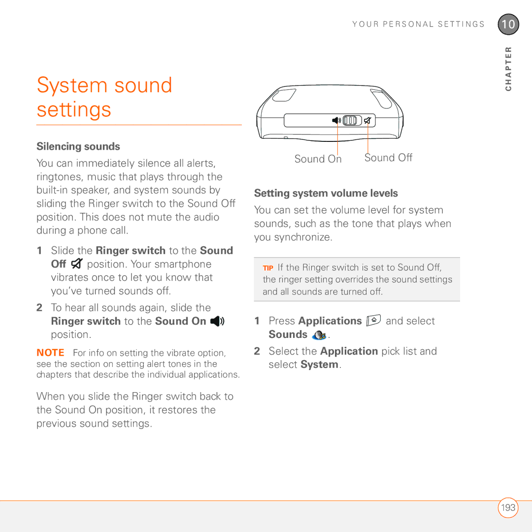 Palm 680 manual System sound settings, Silencing sounds, Setting system volume levels, Sounds 