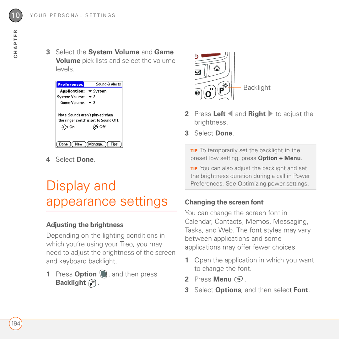 Palm 680 manual Display and appearance settings, Adjusting the brightness, Changing the screen font 