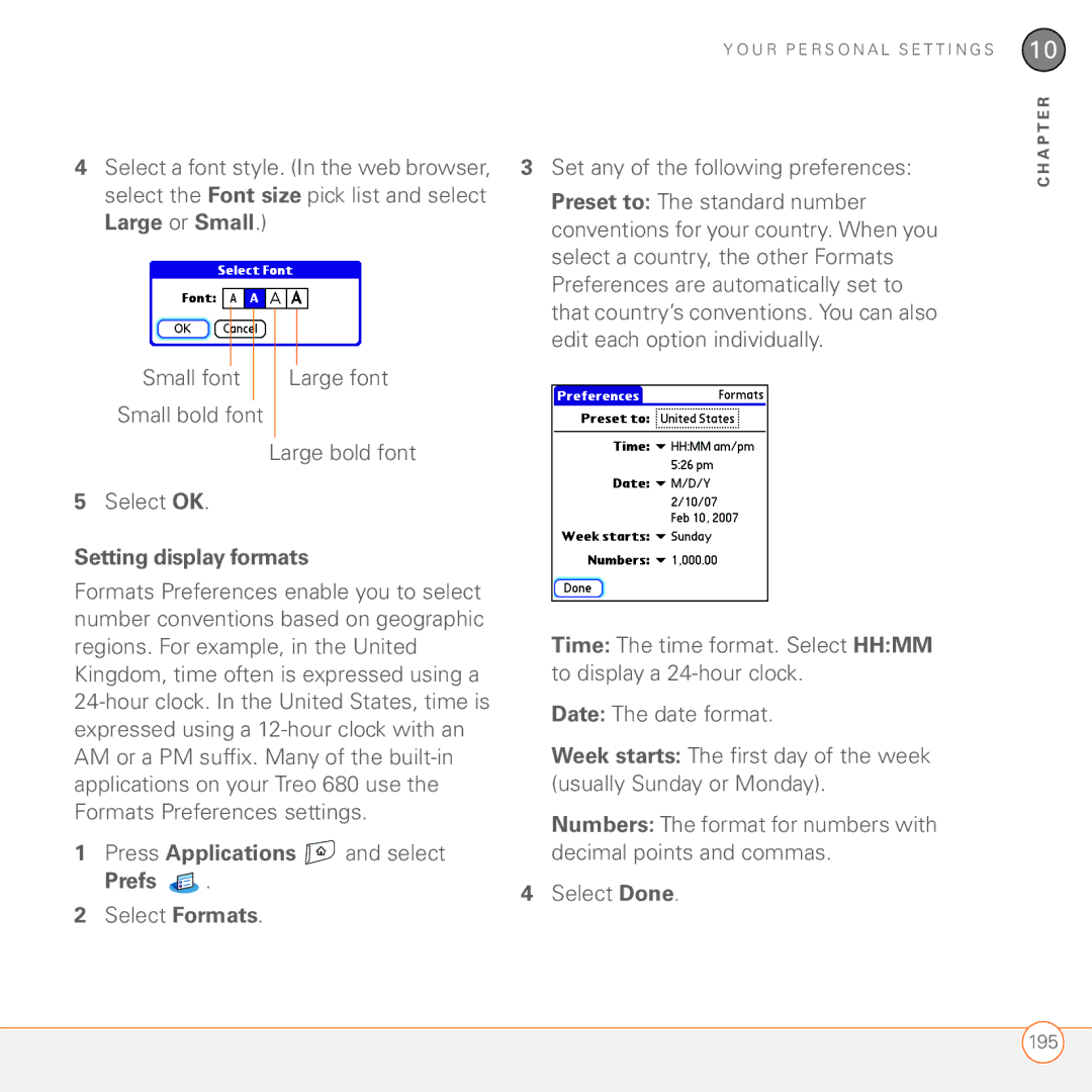 Palm 680 manual Setting display formats, Prefs 