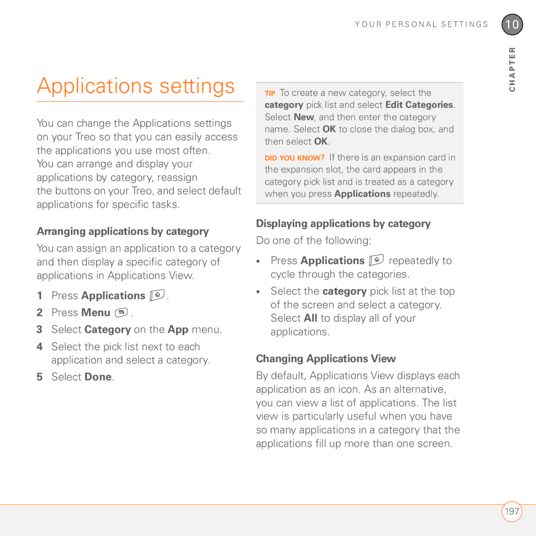 Palm 680 manual Applications settings, Arranging applications by category, Press Menu Select Category on the App menu 