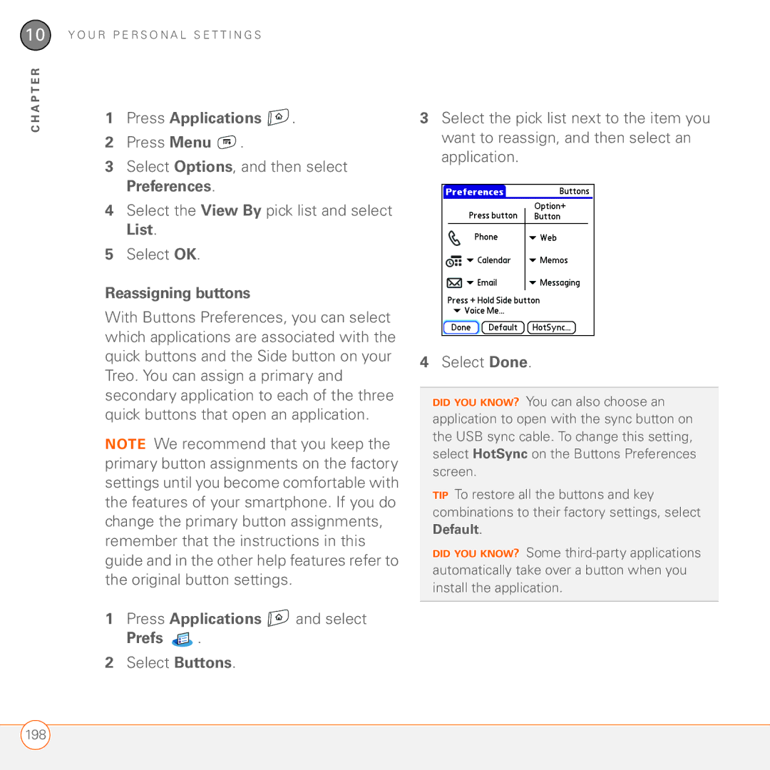 Palm 680 manual Reassigning buttons, Default 