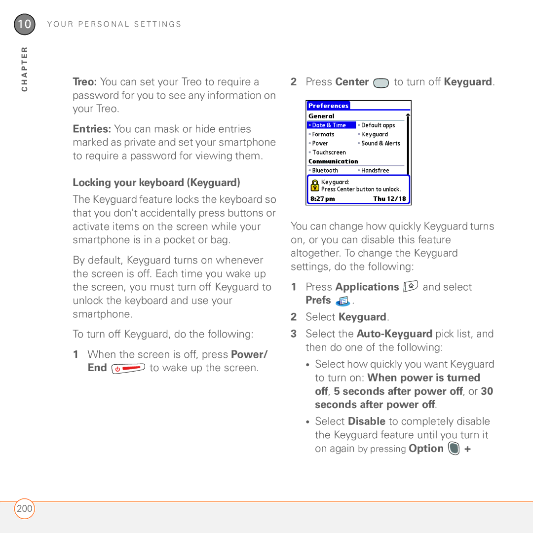 Palm 680 manual Locking your keyboard Keyguard, Press Applications and select Prefs 