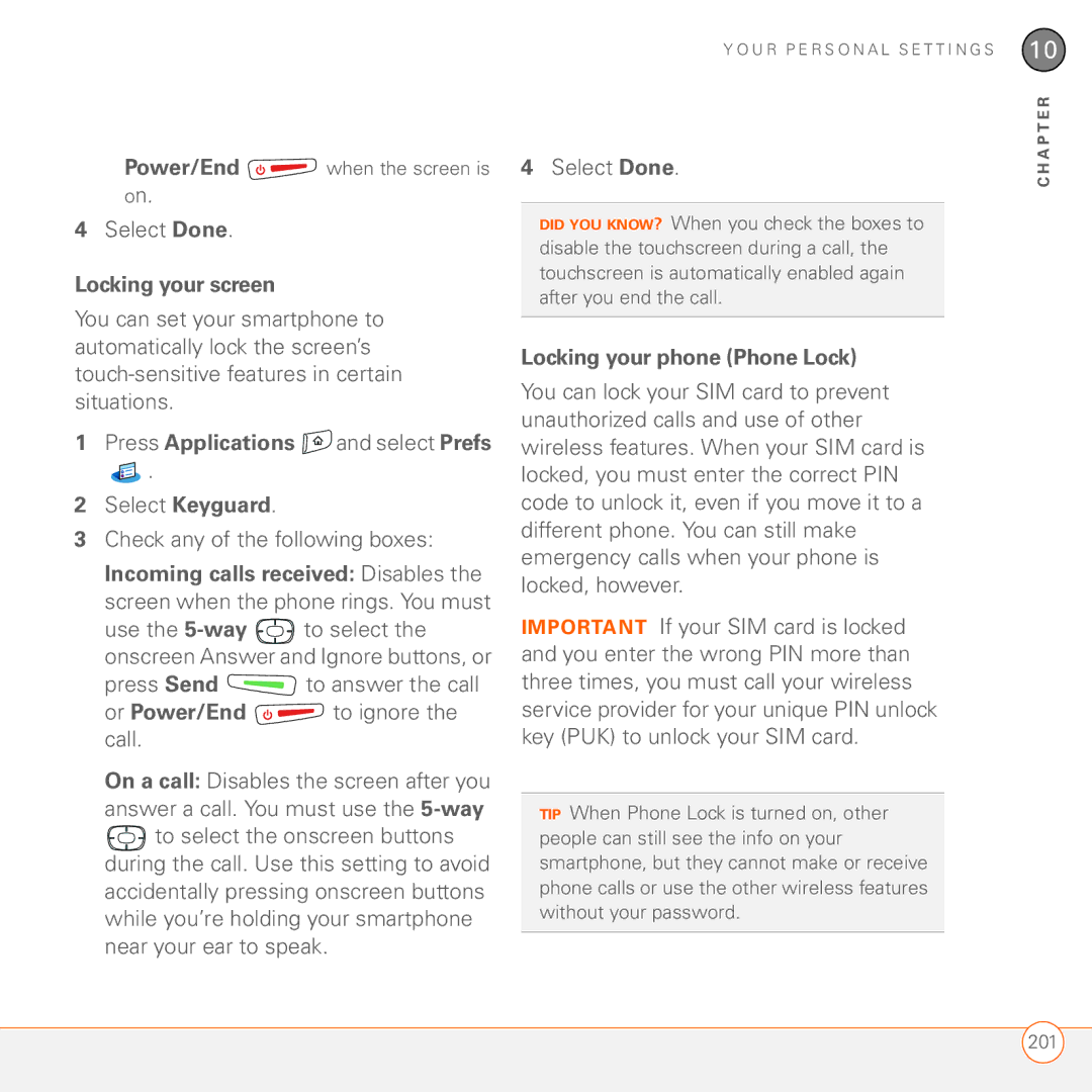 Palm 680 manual Locking your screen, Select Keyguard Check any of the following boxes, Locking your phone Phone Lock 