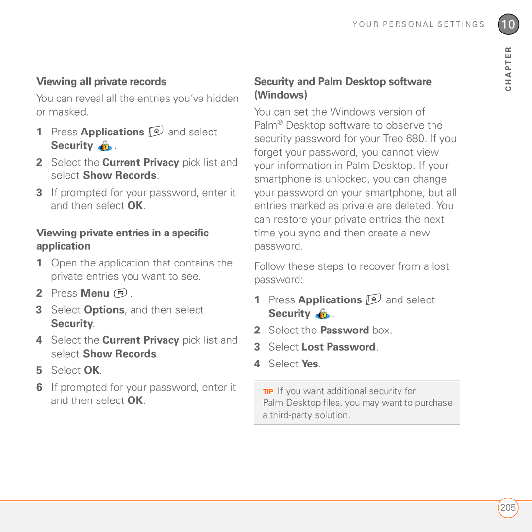 Palm 680 manual Viewing all private records, You can reveal all the entries you’ve hidden or masked, Select Lost Password 