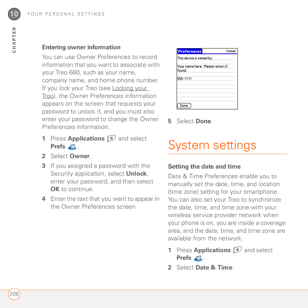 Palm 680 manual System settings, Entering owner information, Setting the date and time 