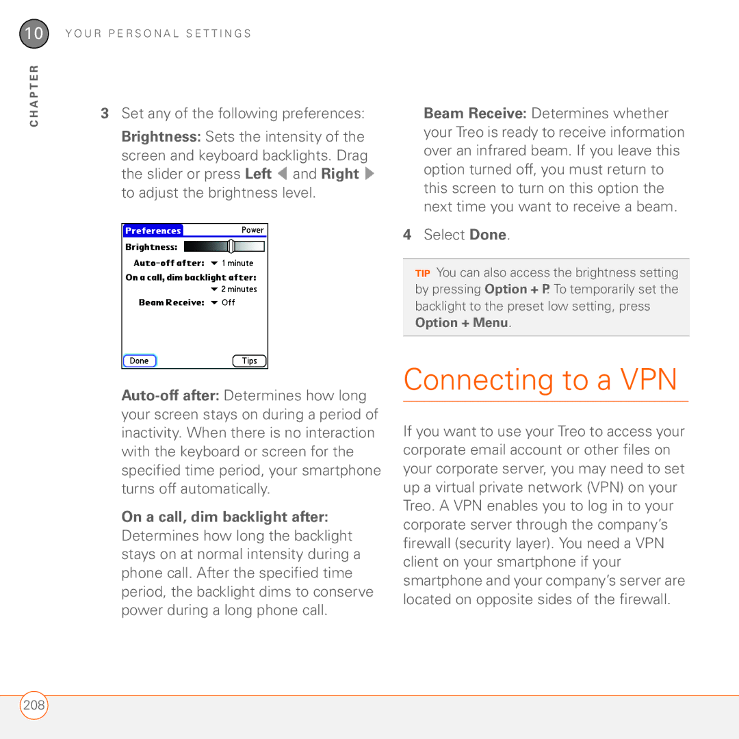 Palm 680 manual Connecting to a VPN, On a call, dim backlight after 