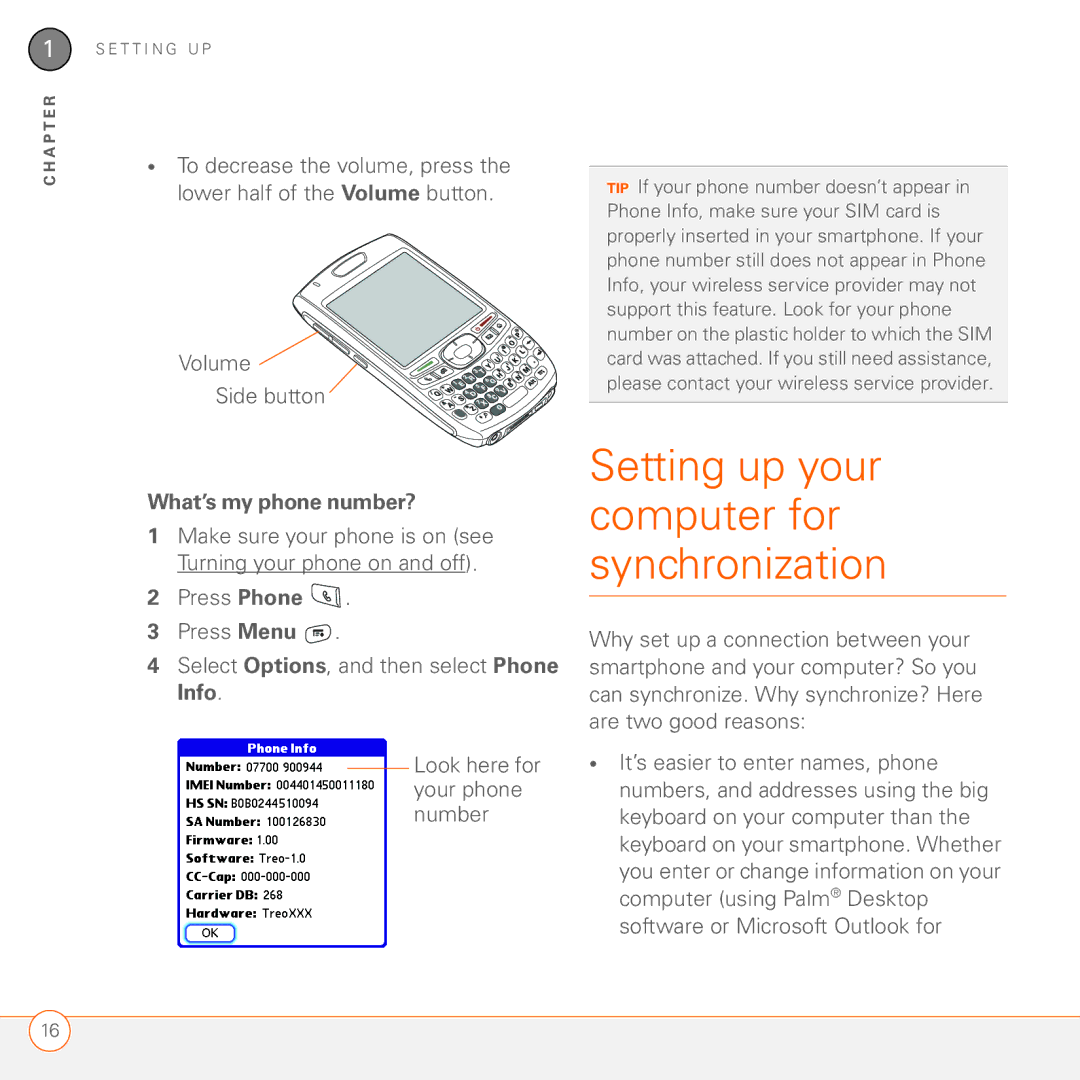 Palm 680 manual Setting up your computer for synchronization, Volume Side button, What’s my phone number? 