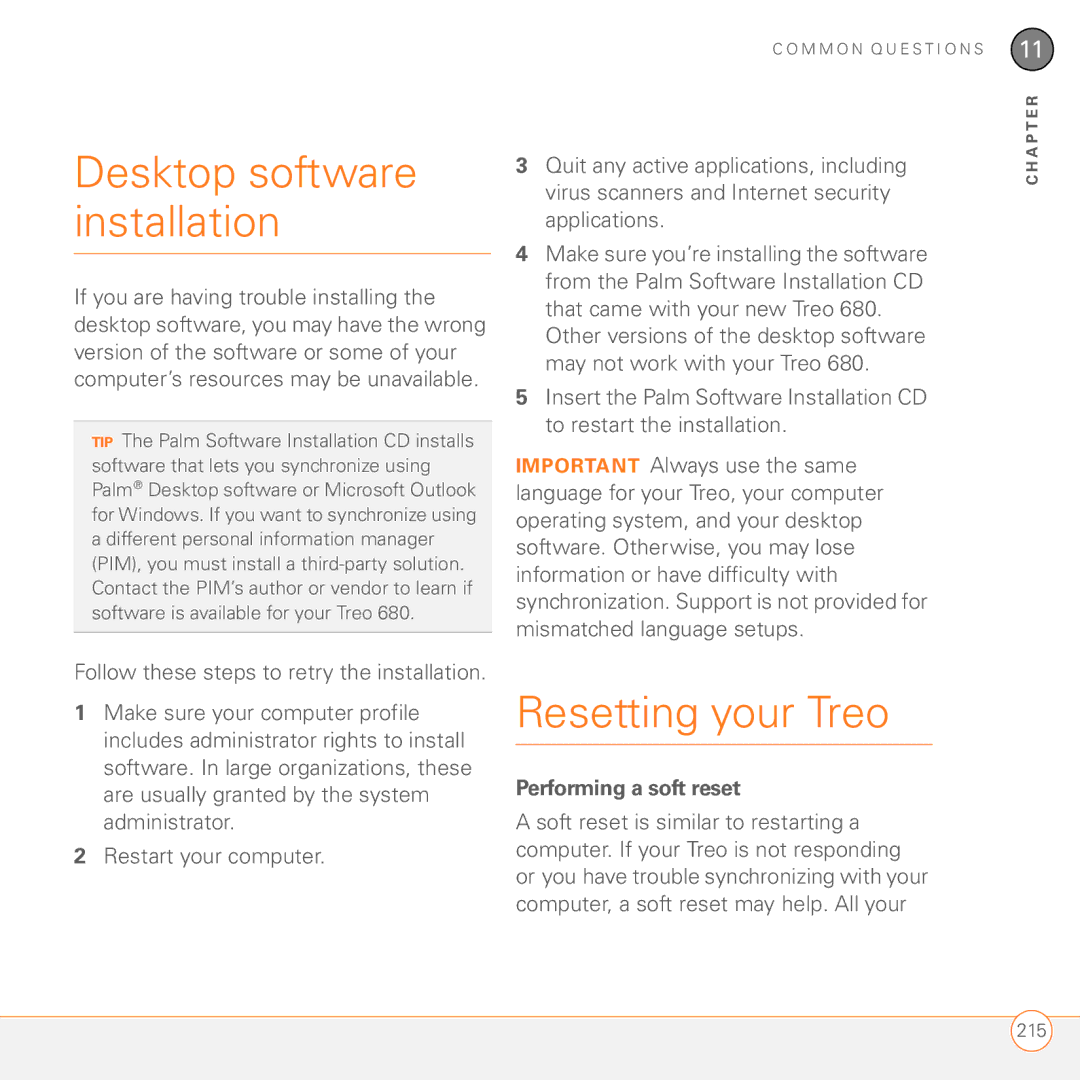 Palm 680 manual Desktop software installation, Resetting your Treo, Performing a soft reset 