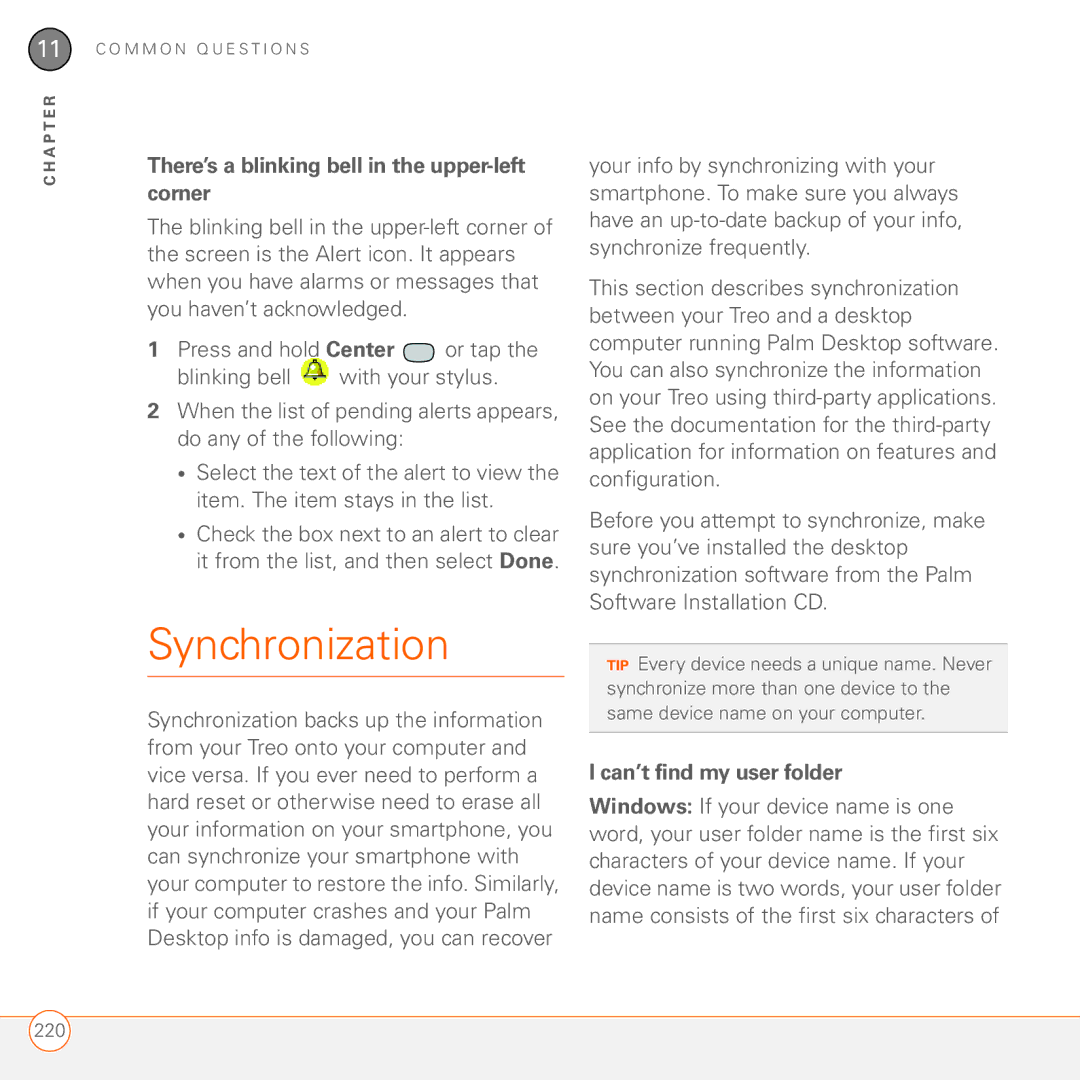 Palm 680 manual Synchronization, There’s a blinking bell in the upper-left corner, Can’t find my user folder 