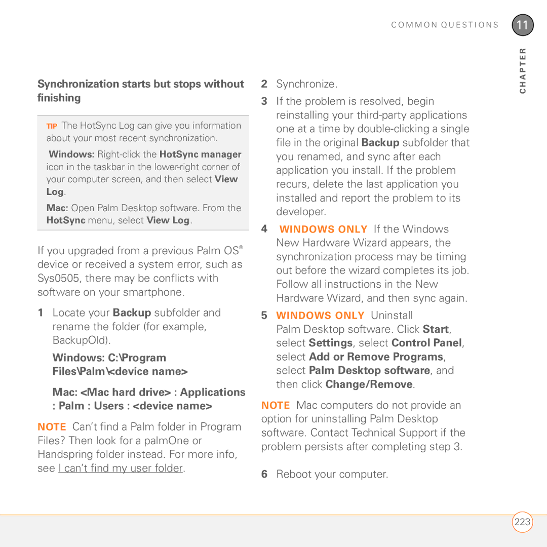 Palm 680 manual Synchronization starts but stops without finishing, Mac Mac hard drive Applications Palm Users device name 