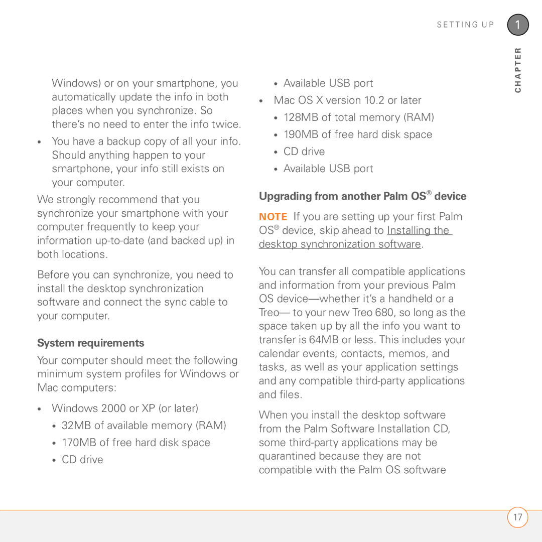 Palm 680 manual System requirements, Upgrading from another Palm OS device 