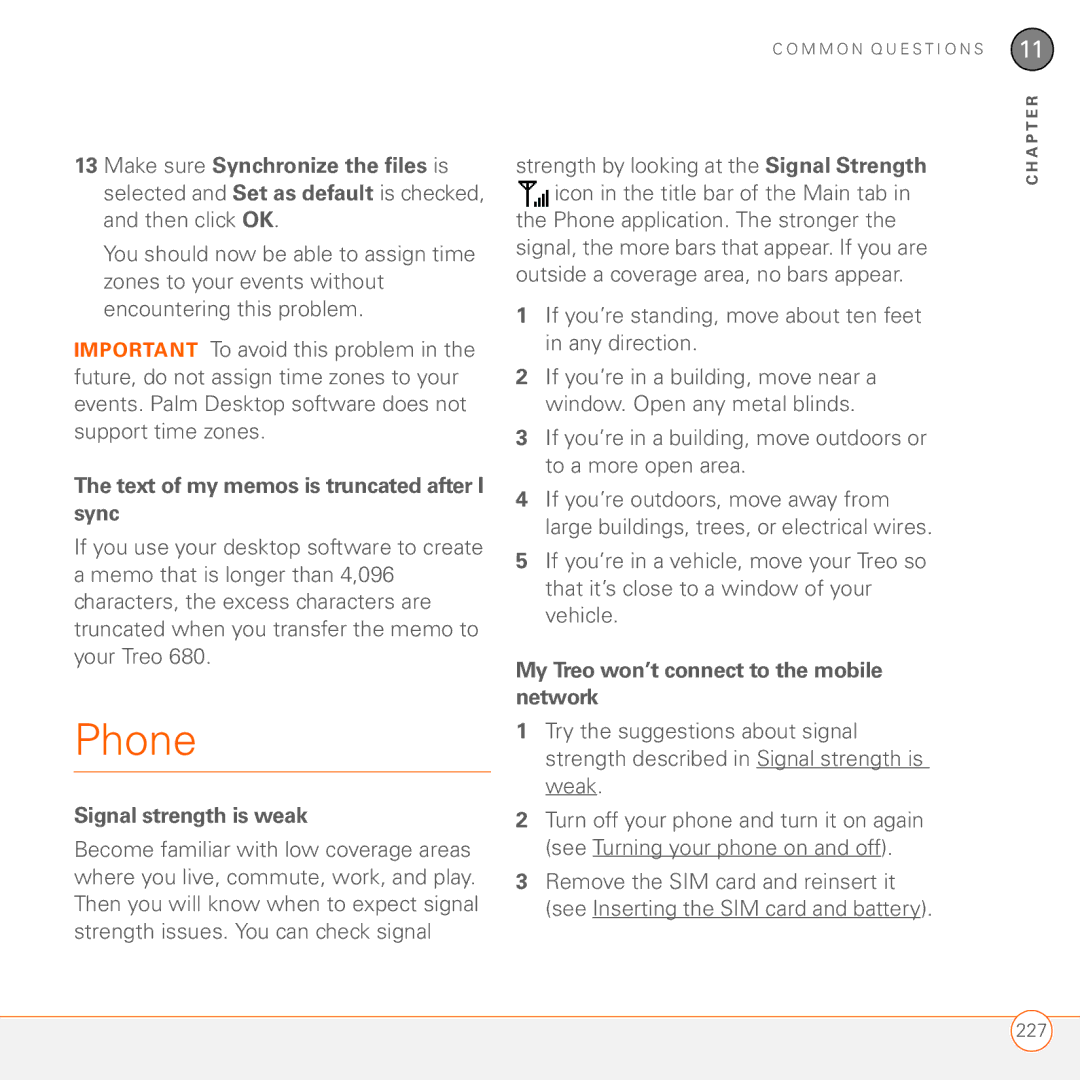 Palm 680 manual Phone, Text of my memos is truncated after I sync, Signal strength is weak 