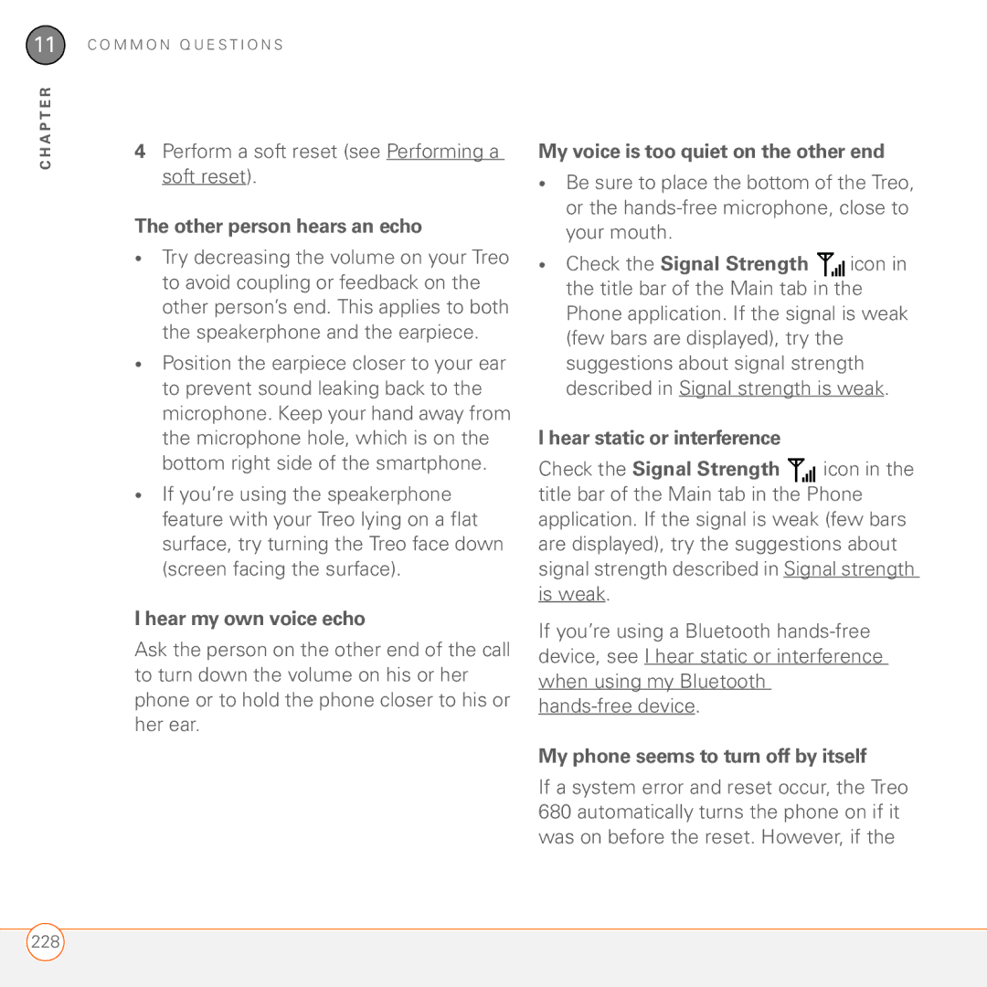 Palm 680 manual Other person hears an echo, Hear my own voice echo, My voice is too quiet on the other end 