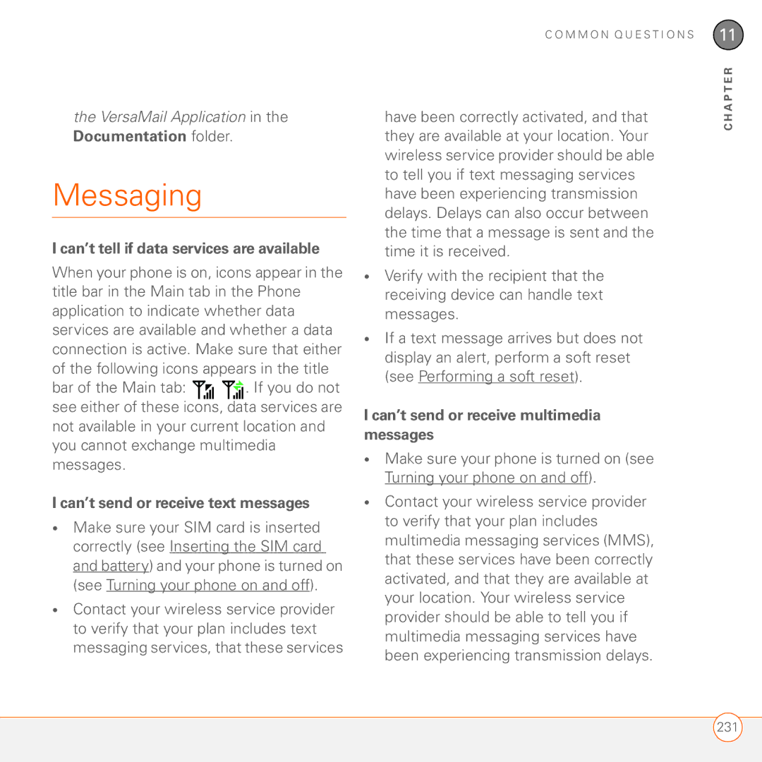 Palm 680 manual Documentation folder, Can’t tell if data services are available, Can’t send or receive text messages 