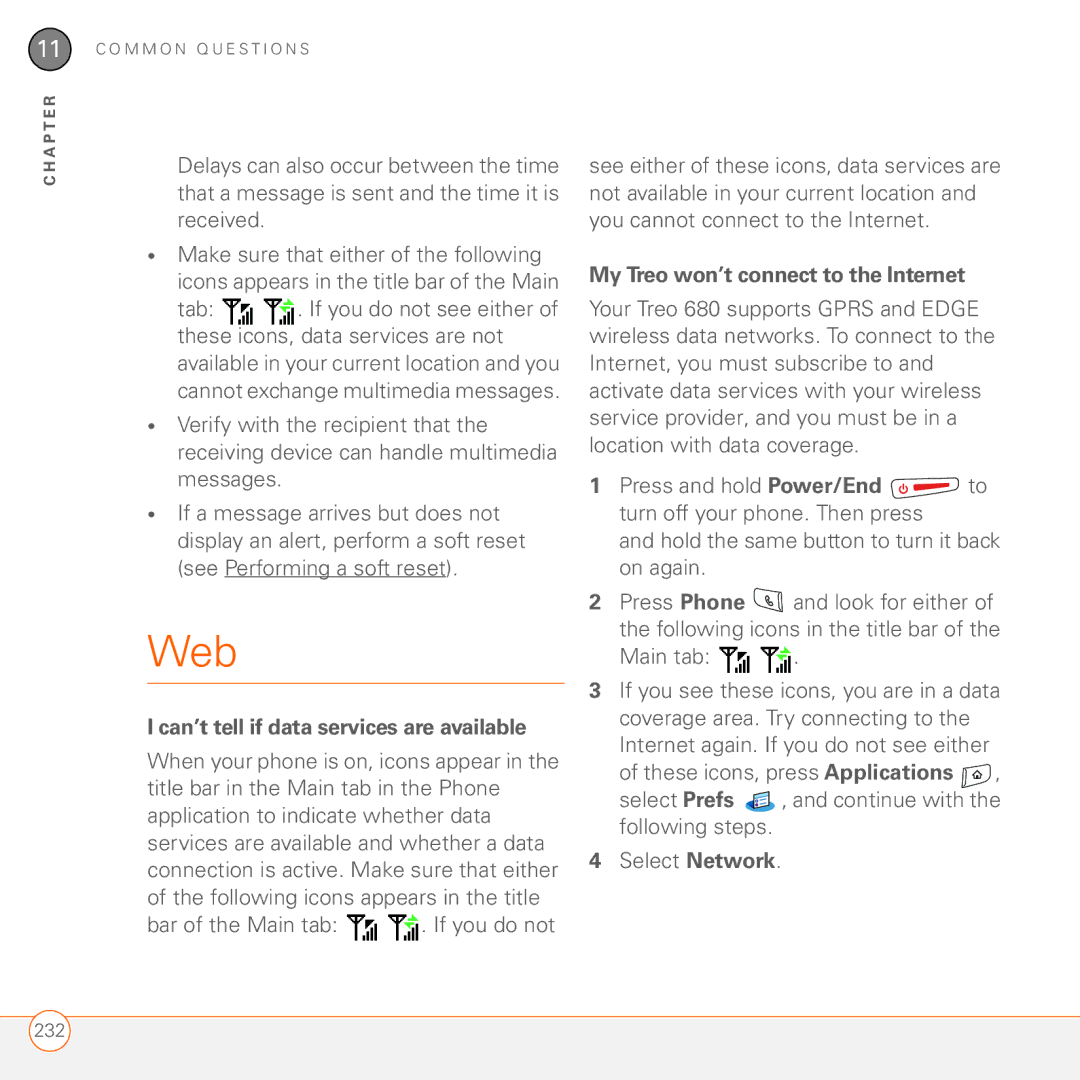 Palm 680 manual Web, My Treo won’t connect to the Internet 