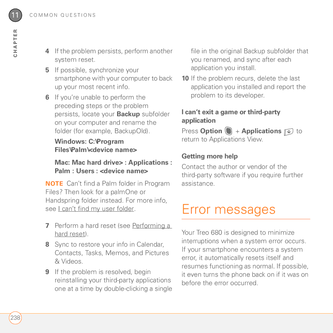 Palm 680 manual Error messages, Mac Mac hard drive Applications Palm Users device name 